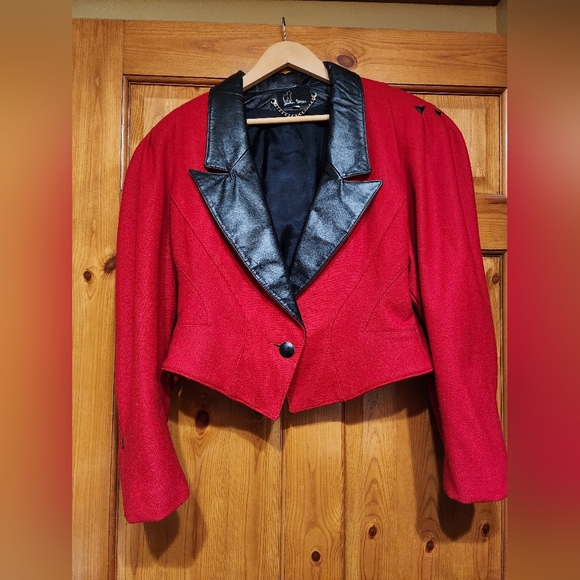 Jonathan Stevens Vintage Cropped Red Wool and  Leather Jacket, Size L - Picture 1 of 13
